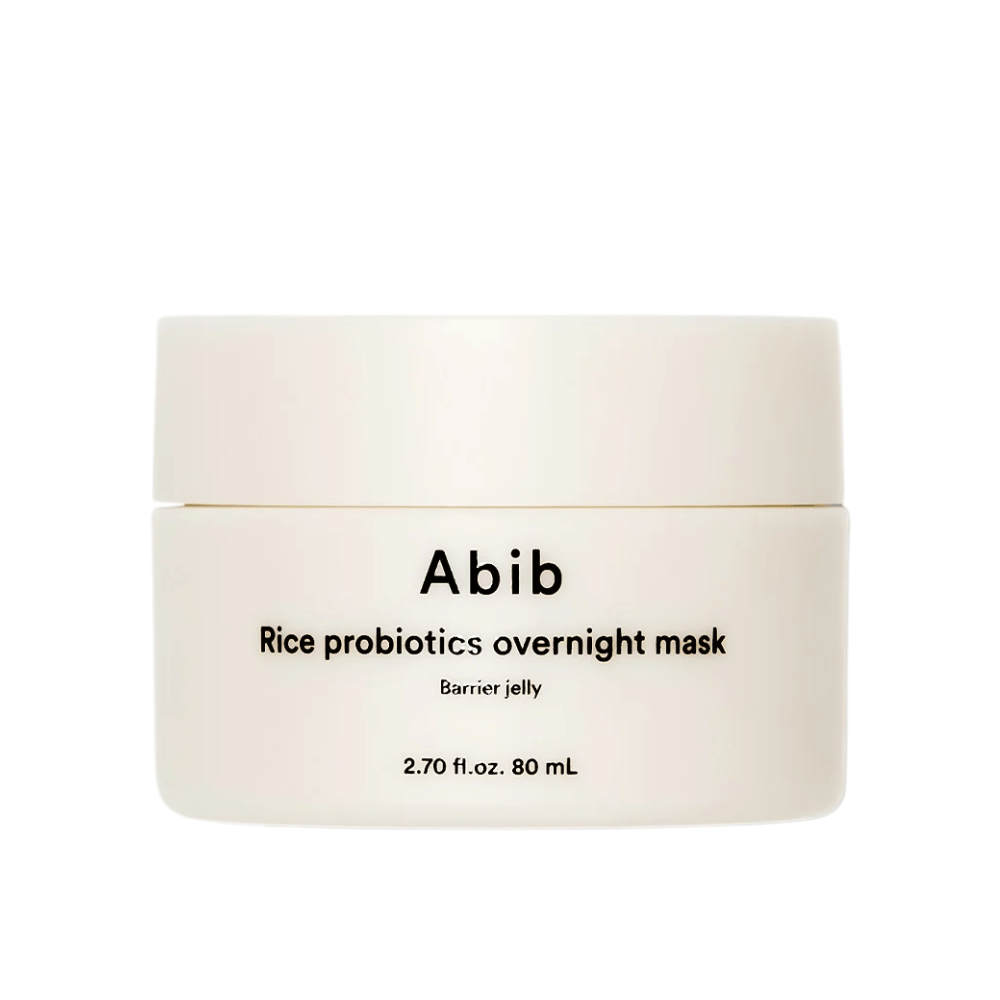 Slika izdelka Abib Rice Probiotics Overnight Mask Barrier Jelly – bela posoda s črnim besedilom, ki vsebuje 80 ml nočne maske za krepitev kožne pregrade in vlaženje kože.