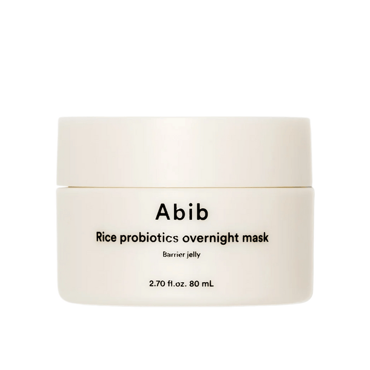Slika izdelka Abib Rice Probiotics Overnight Mask Barrier Jelly – bela posoda s črnim besedilom, ki vsebuje 80 ml nočne maske za krepitev kožne pregrade in vlaženje kože.