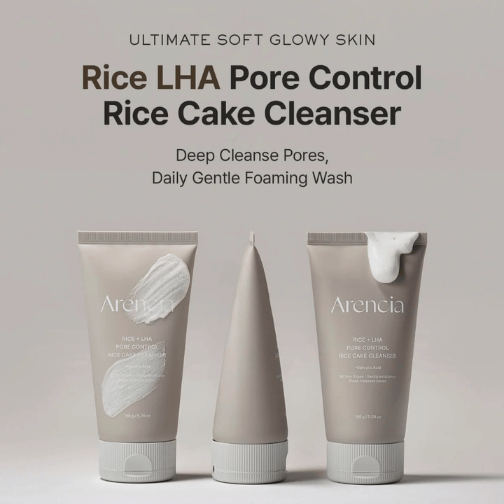Predstavitev izdelka Arencia Rice + LHA Pore Control Rice Cake Cleanser iz več zornih kotov, dnevno penasto čistilo za obraz za bolj jasne pore in bolj enakomerno strukturo kože.