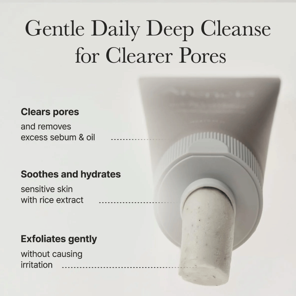 Informacijska slika, ki prikazuje, kako Arencia Rice + LHA Pore Control Rice Cake Cleanser čisti pore, vlaži občutljivo kožo in nežno lušči brez draženja.