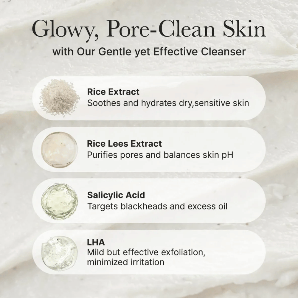 Pregled sestavin za Arencia Rice + LHA Pore Control Rice Cake Cleanser z izvlečkom riža, rice lees extract, salicilno kislino in LHA za pomirjujoč, čistilni in uravnotežen učinek.