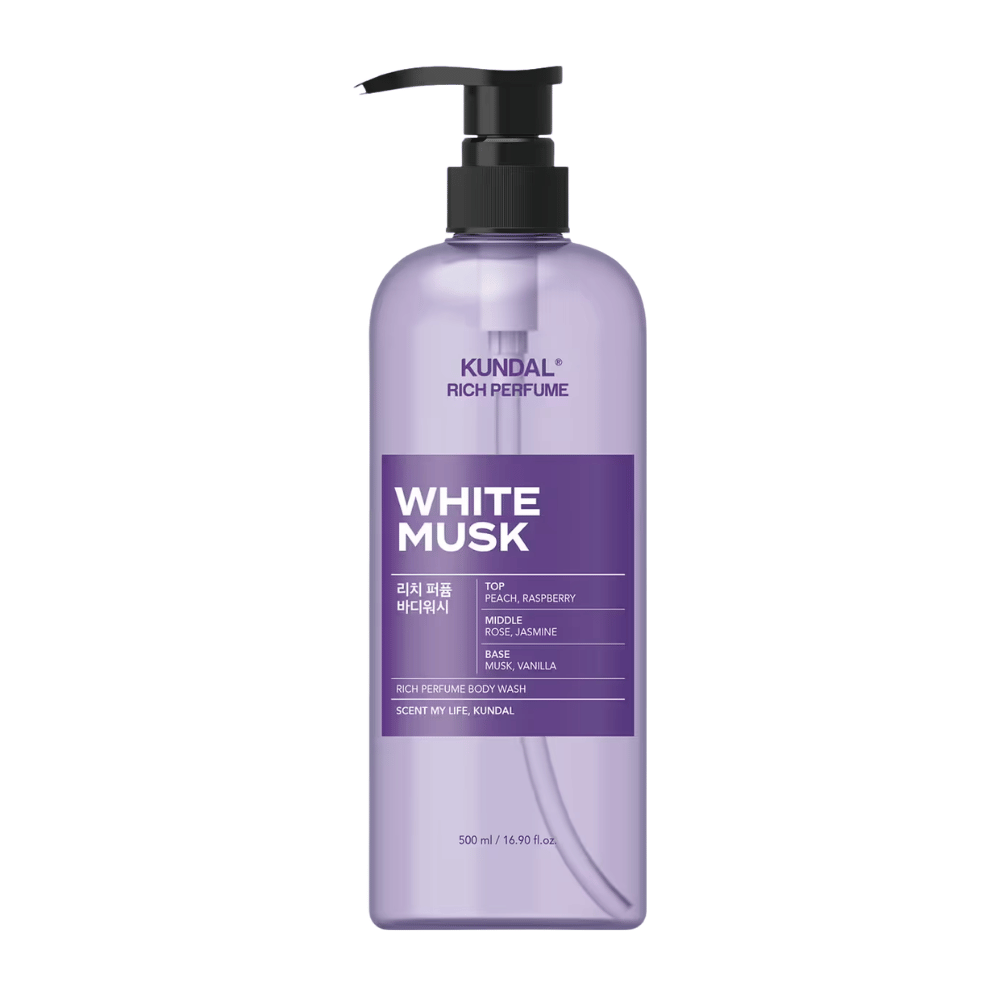 7. KUNDAL Rich Perfume Body Wash White Musk 500 ml – vijoličen gel za prhanje z vonjem breskve, maline, vrtnice, jasmina, mošusa in vanilje