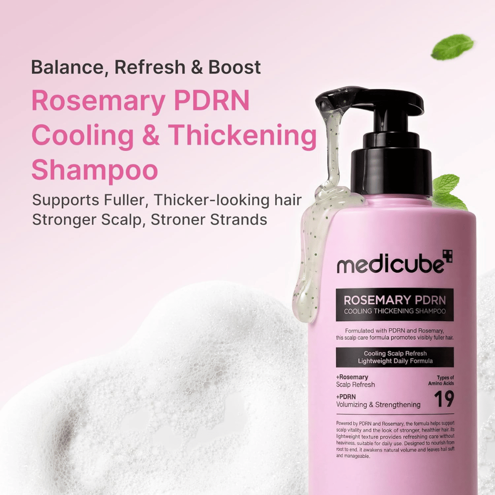 Medicube Rosemary PDRN Cooling Thickening Shampoo ki hladi lasišče ter daje gostejše in močnejše lase