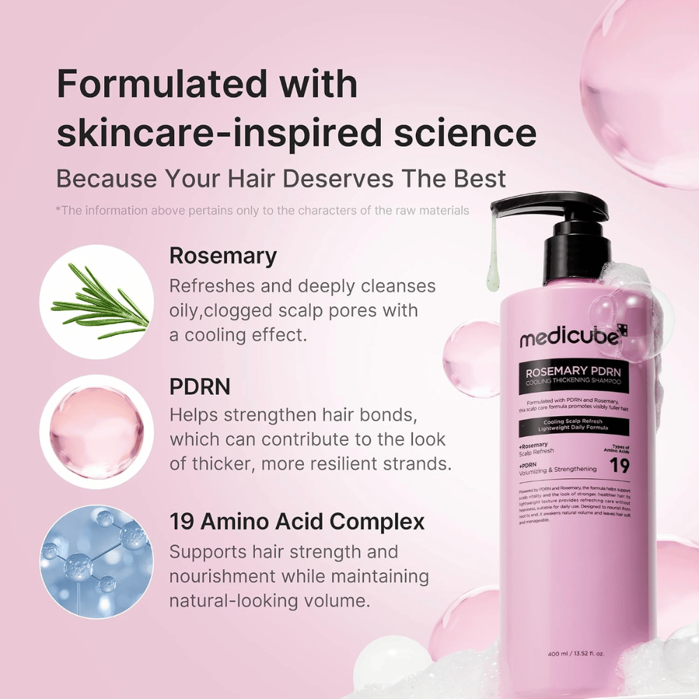 Medicube Rosemary PDRN Cooling Thickening Shampoo z rožmarinom, PDRN in 19 aminokislinami za polnejše lase