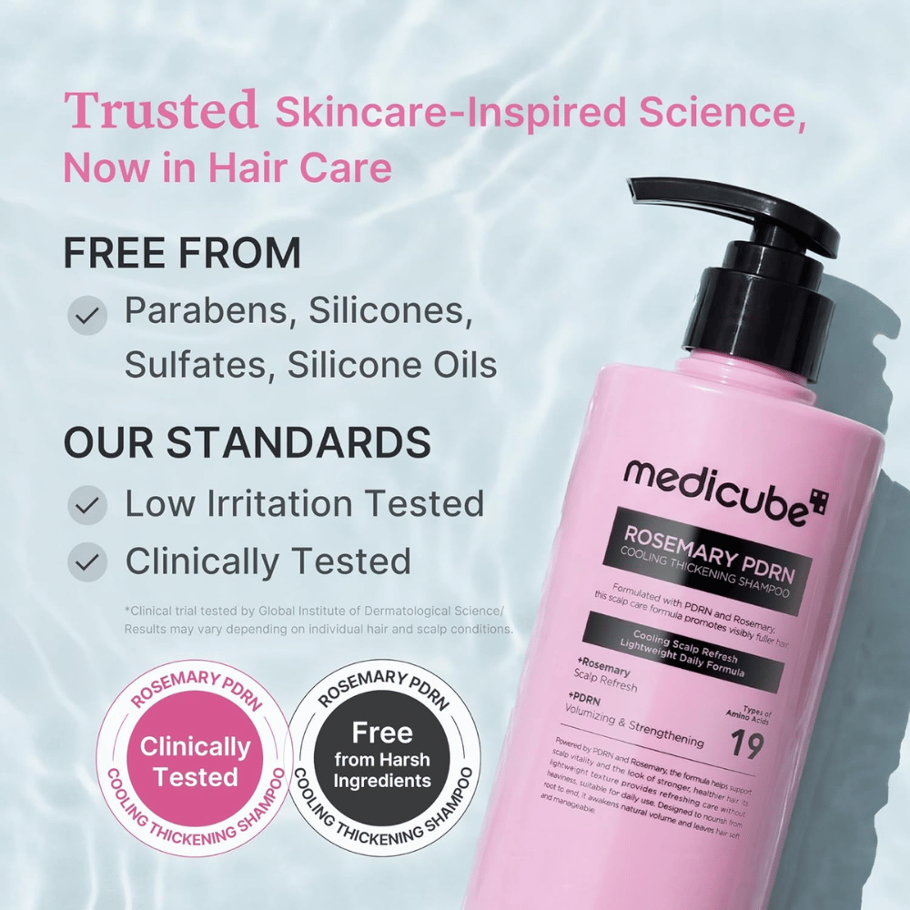 Medicube Rosemary PDRN Cooling Thickening Shampoo s klinično testirano formulo brez sulfatov, silikonov in parabenov