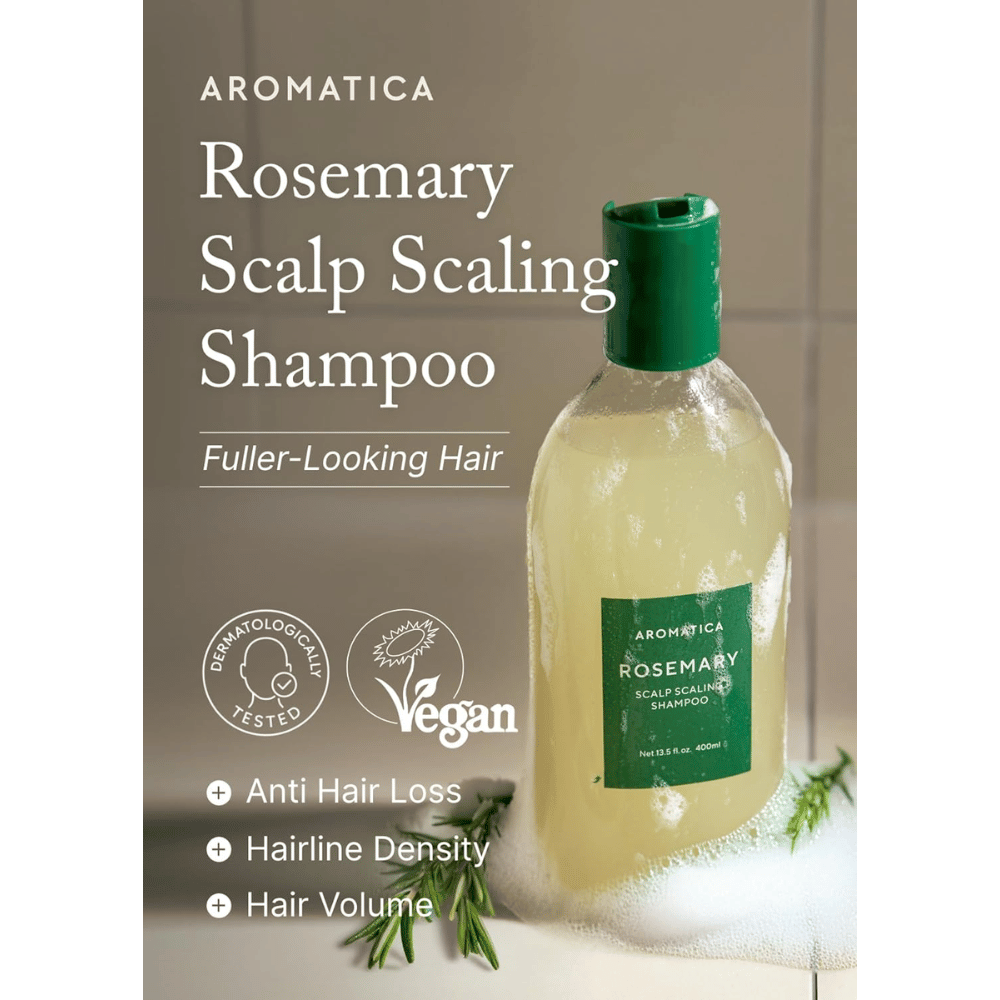 AROMATICA Rosemary Scalp Scaling Shampoo za čiščenje in piling lasišča, ki prispeva k zmanjšanemu izpadanju las, večjemu volumnu las in zdravemu lasišču.