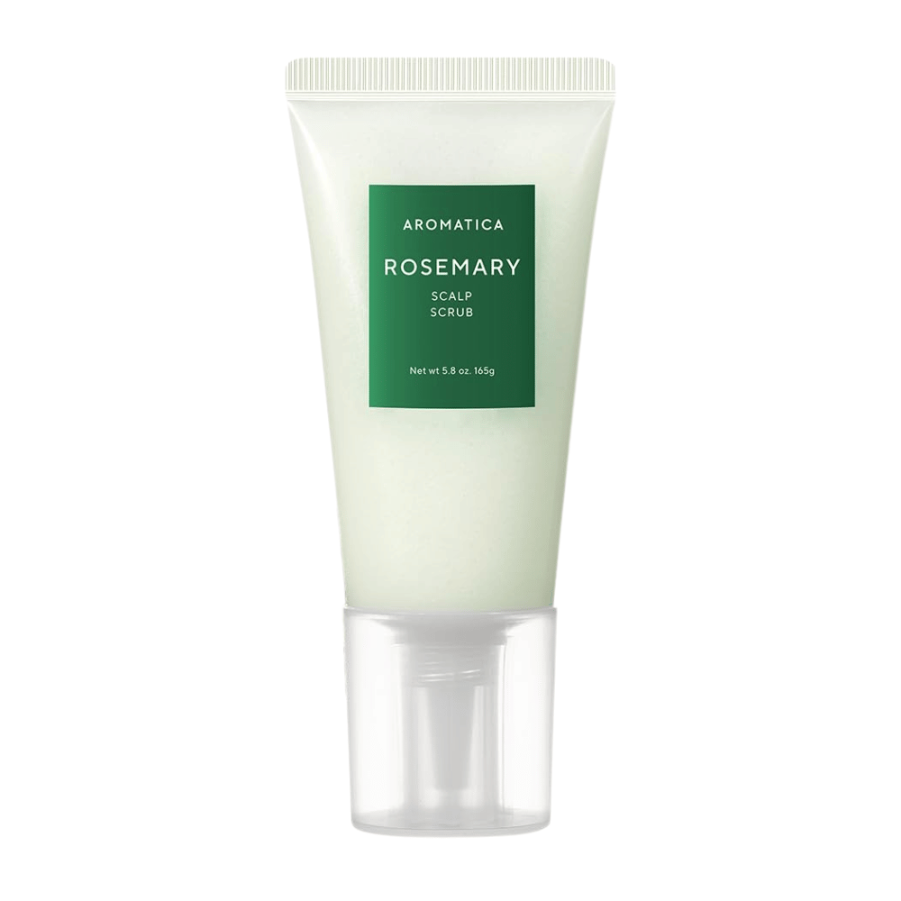 4. AROMATICA Rosemary Scalp Scrub 165 g – piling za lasišče z rožmarinom v svetlo zeleni tubi na belem ozadju