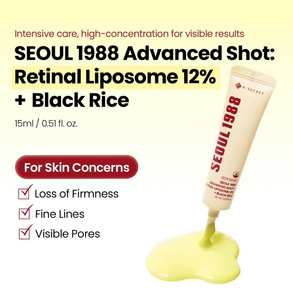 K-SECRET SEOUL 1988 Advanced Shot Retinal Liposome 12% + Black Rice 15 ml – intenziven retinalni tretma za drobne linije, vidne pore in izgubljeno čvrstost.