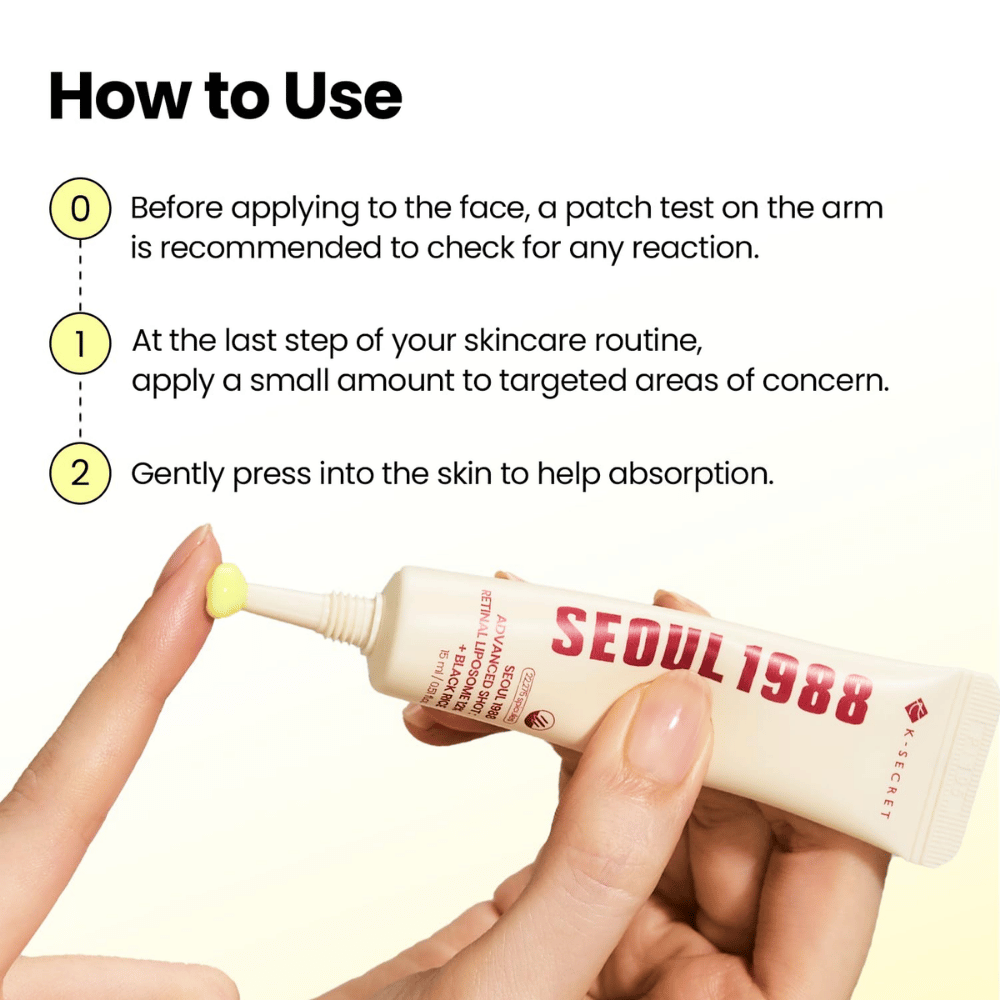 K-SECRET SEOUL 1988 Advanced Shot Retinal Liposome 12% + Black Rice – nanos retinalnega tretmaja kot zadnji korak v rutini nege kože.