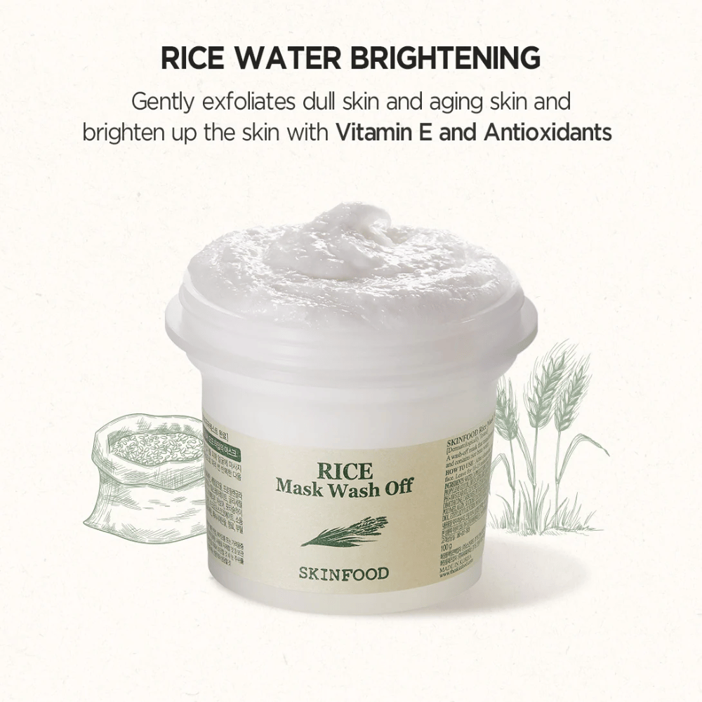SKINFOOD's Rice Mask Wash Off 120g je priporočena za posvetlitev in pomoč koži.