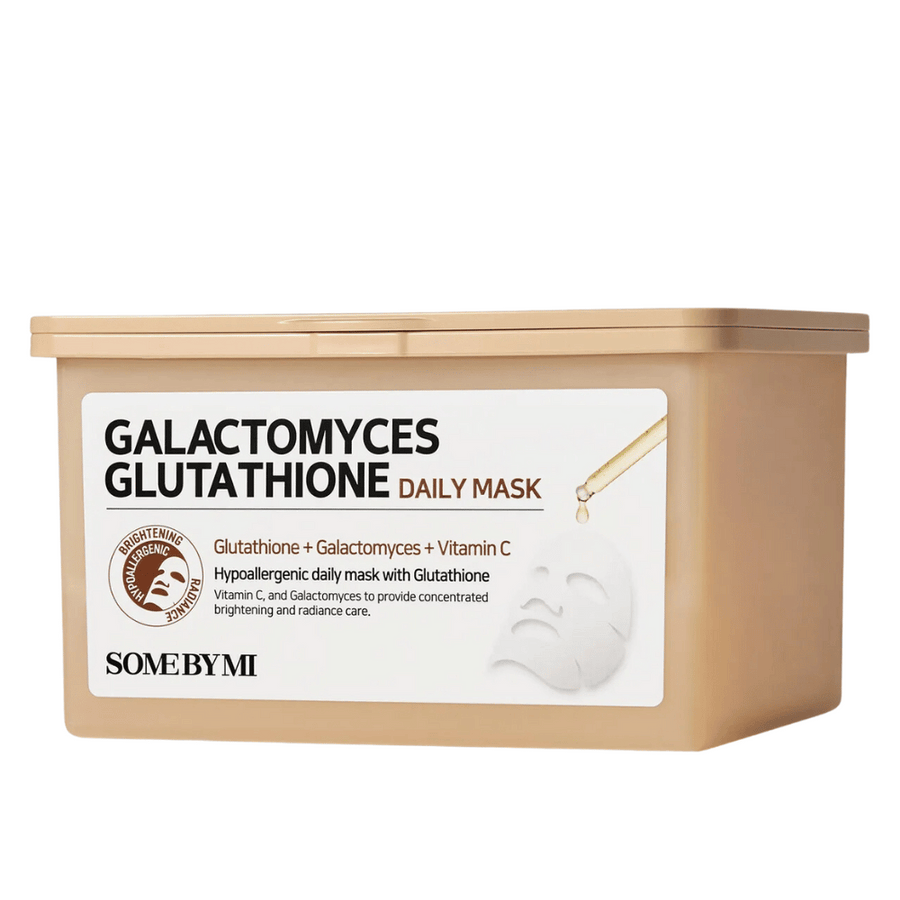 Galactomyces Glutathione Daily Mask iz Some By Mi je hipoalergena obrazna maska, ki združuje glutation, galactomyces in vitamin C. Ponuja koncentrirano nego za posvetlitev in sijoč videz kože, medtem ko neguje kožo.