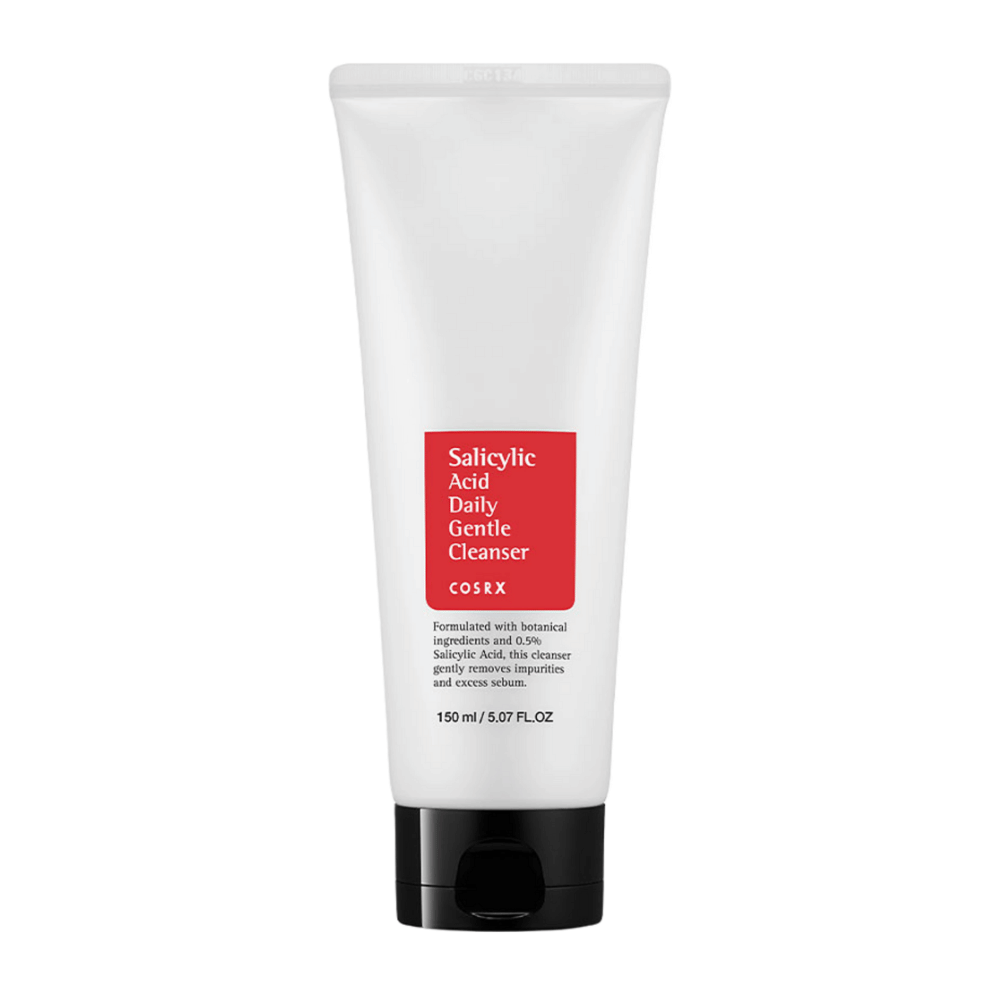 COSRX Salicylic Acid Daily Gentle Cleanser 150 ml v beli tubi s črnim pokrovčkom in rdečo etiketo.