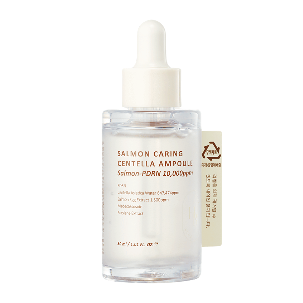 Heveblue Salmon Caring Centella Ampoule Salmon-PDRN 10,000ppm – korejsko serum za pomiritev rdečice, krepitev kožne bariere in zagotavljanje navlažene kože