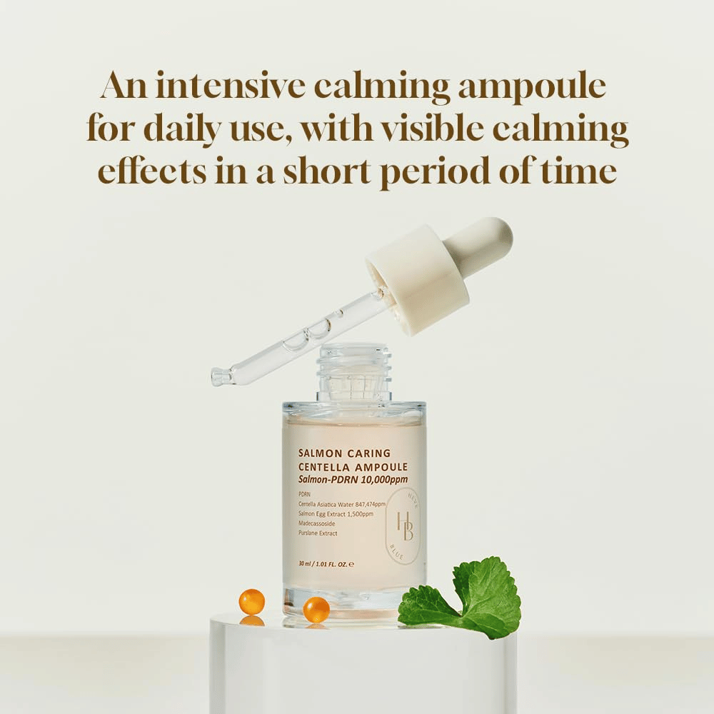 Heveblue Salmon Caring Centella Ampoule 30 ml z PDRN in centella asiatica – intenzivno pomirjujoča ampula za vsakodnevno uporabo in vidno izboljšanje kože