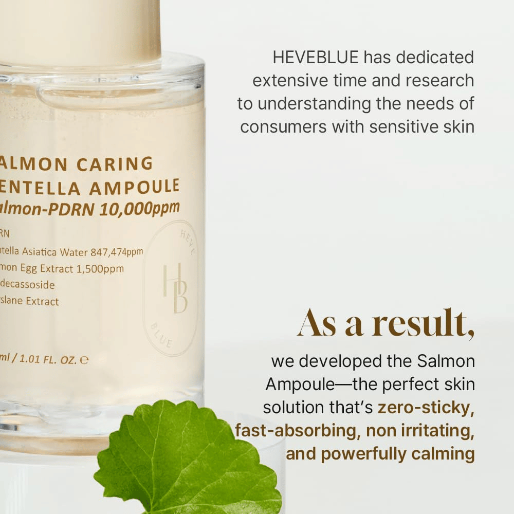 Heveblue Salmon Caring Centella Ampoule – hitro vpojno PDRN-serum s centello za občutljivo kožo, pomirja draženje in obnavlja kožno bariero