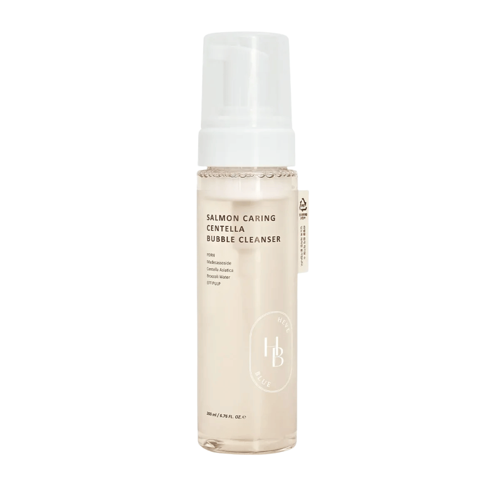 Heveblue Salmon Caring Centella Bubble Cleanser čistilo za obraz – korejska čistilna pena s Centella Asiatica in PDRN, ki pomaga očistiti pore, pomiriti kožo in navlažiti.