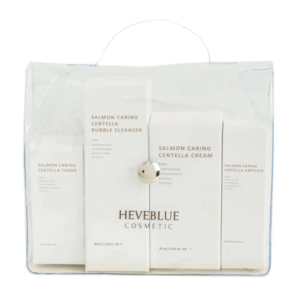 Heveblue Salmon Caring Centella Special Travel Kit komplet za nego kože – korejska rutina nege kože z tonik za obraz, mehurčkastim čistilcem, kremo in ampulo s Centella Asiatica in PDRN.