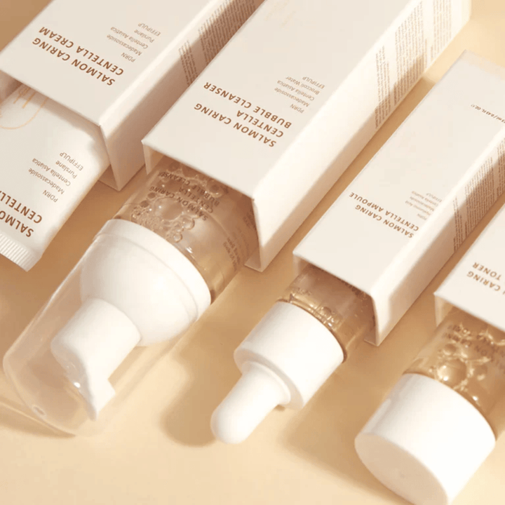 Heveblue Salmon Caring Centella Travel Kit komplet za nego kože – korejski izdelki za nego kože s Centella Asiatica in PDRN, ki pomagajo vlažiti, pomiriti kožo in okrepiti kožno pregrado.