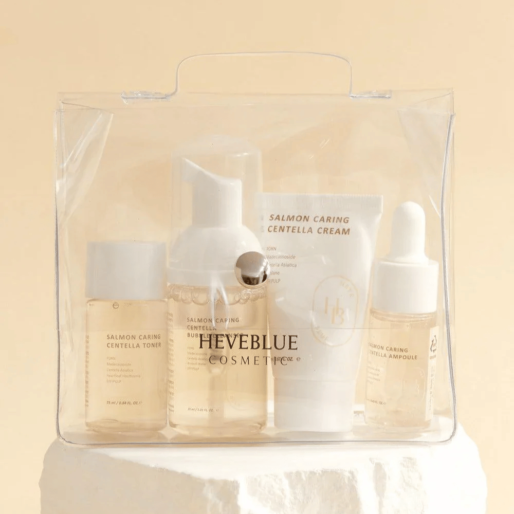 Heveblue Salmon Caring Centella Special Travel Kit – korejski komplet za nego kože z tonik za obraz, mehurčkastim čistilcem, kremo in ampulo s Centella Asiatica in PDRN iz lososa v praktični potovalni embalaži.