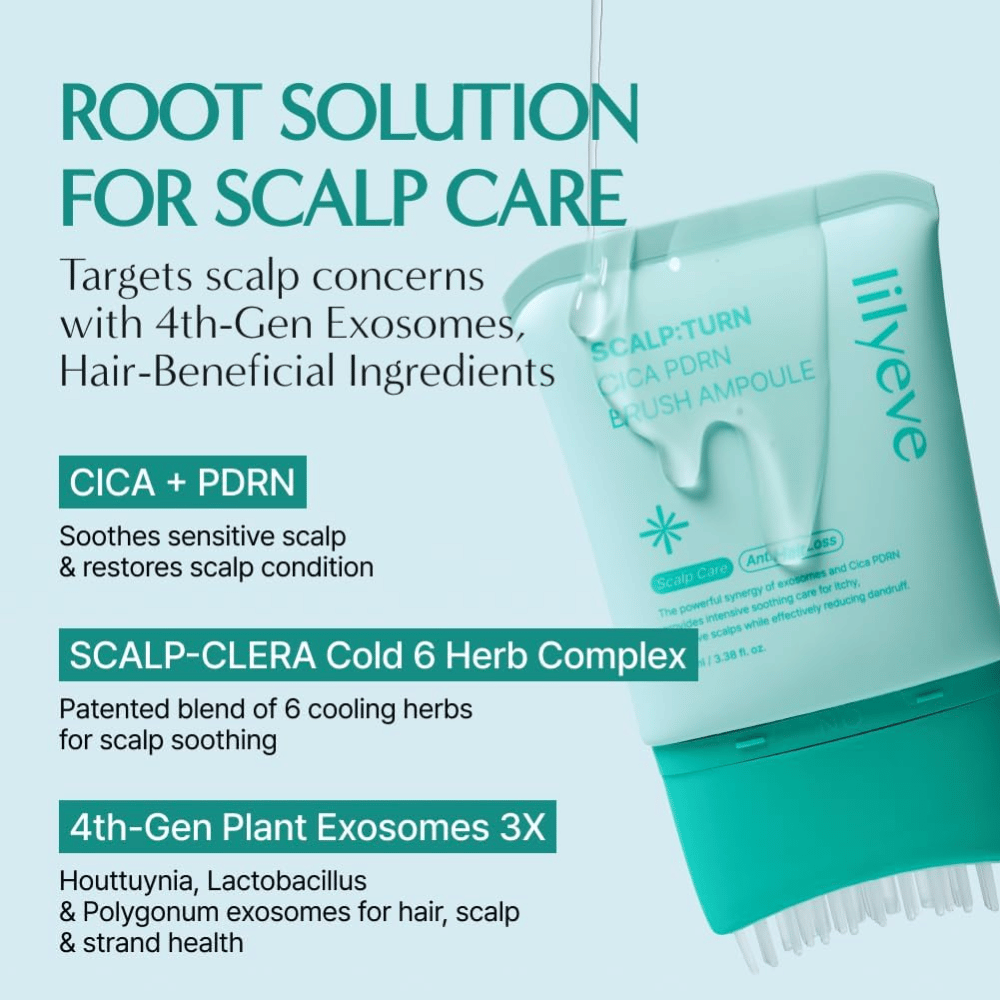 Produktna slika izdelka LILYEVE Scalp:Turn Cica PDRN Brush Ampoule z opisom ključnih sestavin. Slika izpostavlja CICA, PDRN, hladilni zeliščni kompleks in rastlinske eksosome, ki pomagajo pomiriti in negovati občutljivo lasišče.