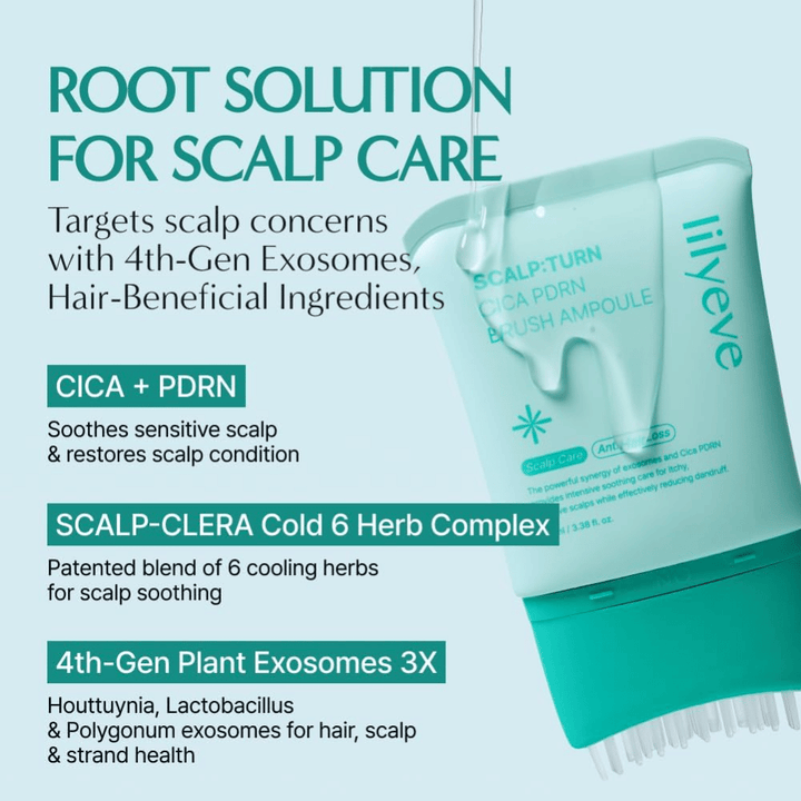 Produktna slika izdelka LILYEVE Scalp:Turn Cica PDRN Brush Ampoule z opisom ključnih sestavin. Slika izpostavlja CICA, PDRN, hladilni zeliščni kompleks in rastlinske eksosome, ki pomagajo pomiriti in negovati občutljivo lasišče.