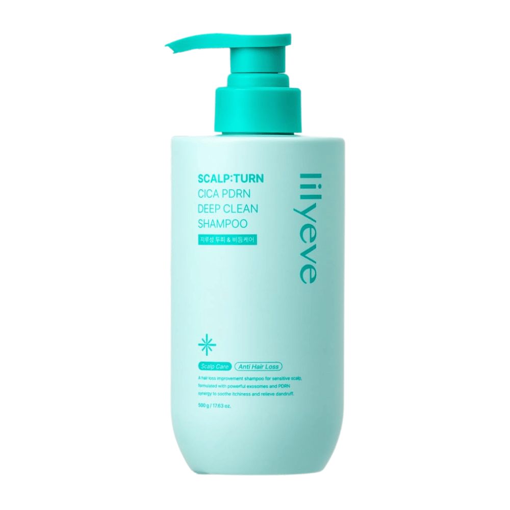 LILYEVE Scalp:Turn Cica PDRN Deep Clean Shampoo – globinsko čistilni šampon s Cica, PDRN in eksosomi, ki negujejo lasišče in prispevajo k bolj zdravim lasem.