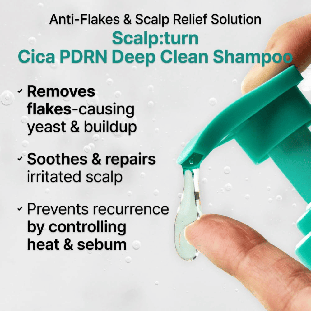 LILYEVE Scalp:Turn Cica PDRN Deep Clean Shampoo odstranjuje prhljaj, pomirja razdraženo lasišče in pomaga nadzorovati sebum ter težave z lasiščem, povezane s toploto.