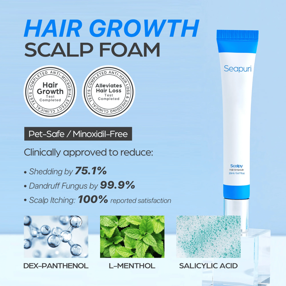 Seapuri Scalpy Hair Serum prikazan s tekstom, ki poudarja klinično dokazano učinkovitost: zmanjšano izpadanje las in prhljaj, povečana rast las in pomirjena lasišče.