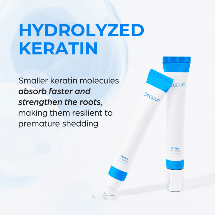 Prikazani dve tubi Seapuri Scalpy Hair Serum. Besedilo opisuje hidroliziran keratin, ki krepi lasne mešičke in preprečuje izpadanje las.