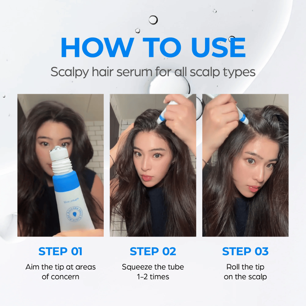 Ženska nanaša Seapuri Scalpy Hair Serum na lasišče. Vodnik po korakih prikazuje, kako usmerjati, pritiskati in valjati aplikator za najboljše rezultate.