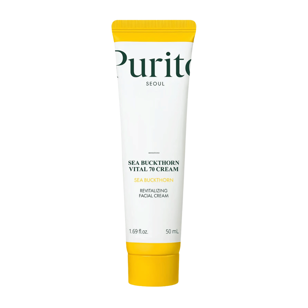 2. Purito SEOUL Sea Buckthorn Vital 70 Cream 50 ml – vlažilna krema za obraz s 70 % izvlečka rakitovca v beli tubi z rumenim pokrovčkom na belem ozadju