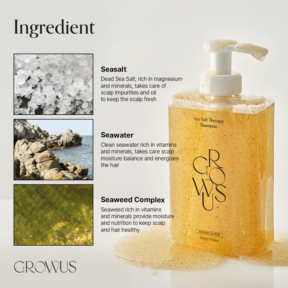 Sestavine v GROWUS Sea Salt Therapy Shampoo z morsko soljo, morsko vodo in morskim kompleksom za lasišče