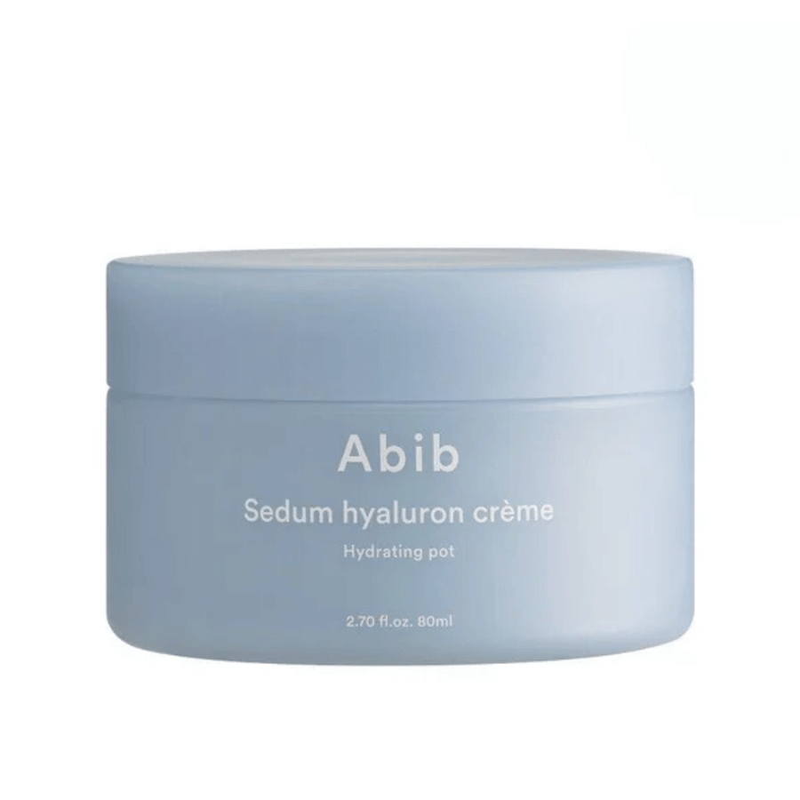 Abib Sedum Hyaluron Crème Hydrating Pot 80 ml v elegantni, svetlo modri okrogli posodi z belim besedilom.