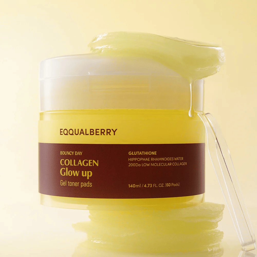 Bouncy Day Collagen Glow up Gel Toner Pads, ki vsebujejo nizko molekularni kolagen in glutation za zdrav sijaj in vlago kože.