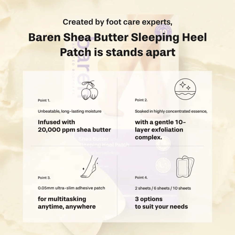 BAREN Shea Butter Sleeping Heel Patch – obliž za pete z 20 000 ppm karitejevega masla in piling kompleksom