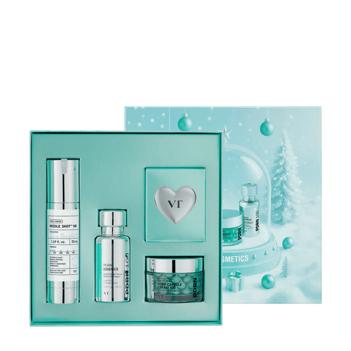 VT Cosmetics Shining Holiday Set – elegantna darilna škatla z Reedle Shot 100, PDRN Essence, PDRN kapsulno kremo in obeskom za ključe.