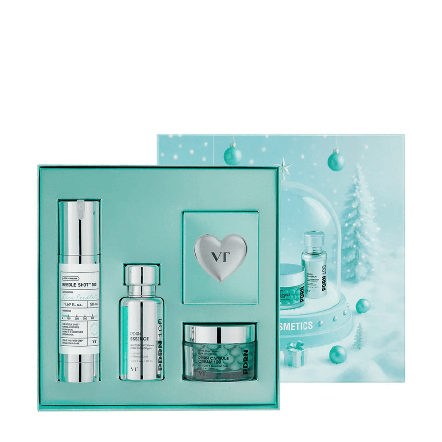 VT Cosmetics Shining Holiday Set – elegantna darilna škatla z Reedle Shot 100, PDRN Essence, PDRN kapsulno kremo in obeskom za ključe.