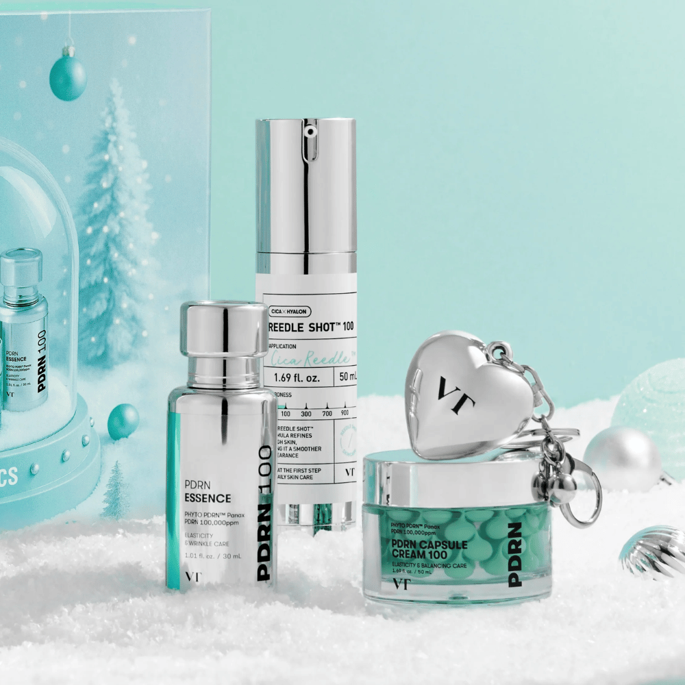 VT Cosmetics Shining Holiday Set – luksuzni komplet za nego kože z PDRN Essence, Reedle Shot 100 in PDRN kapsulno kremo v zimsko navdihnjenem dizajnu.