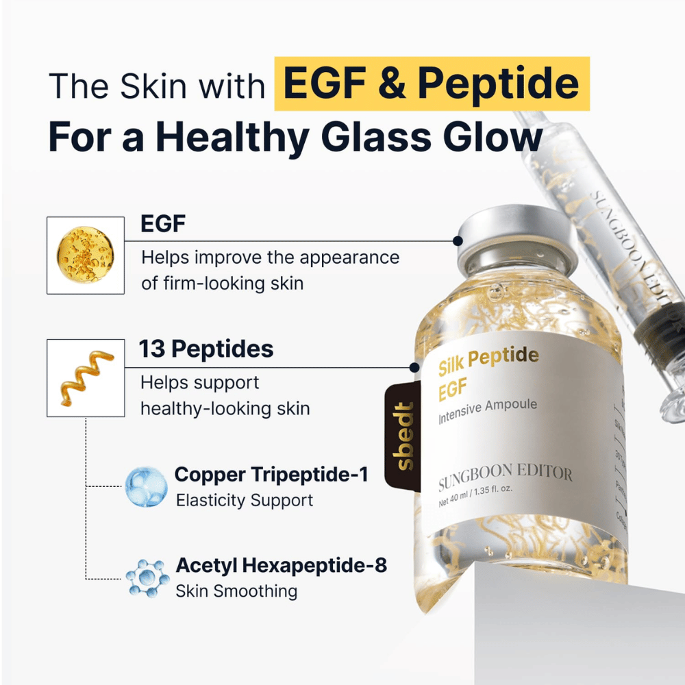 Silk Peptide EGF Intensive Ampoule vsebuje EGF, 13 peptidov ter bakrov tripeptid-1 in acetilheksapeptid-8, ki skupaj pomagajo podpirati elastičnost kože, izboljšati videz kože in ji dati naraven sijaj.