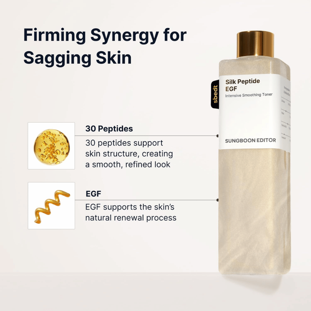 SUNGBOON EDITOR Silk Peptide EGF Intensive Smoothing Toner – tonik za obraz s 30 peptidi in EGF za bolj enakomerno kožo
