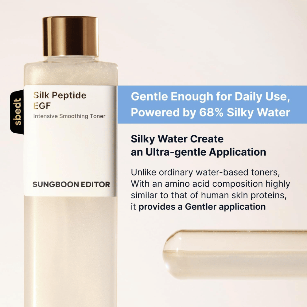 SUNGBOON EDITOR Silk Peptide EGF Intensive Smoothing Toner – blag tonik za obraz z 68 % svilnate vode za vsakodnevno uporabo