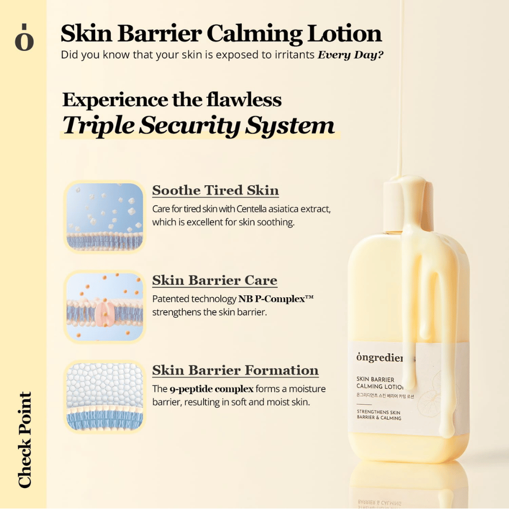 Ongredients Skin Barrier Calming Lotion s Centello Asiatica in peptidi, ki pomirjajo kožo, krepijo kožno bariero in zagotavljajo dolgotrajno vlaženje.