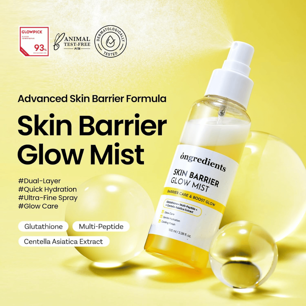Ongredients Skin Barrier Glow Mist 100 ml pršila za obraz s ceramidi, peptidi in Centello Asiatica za vlaženje in učinek krepitve kožne bariere.