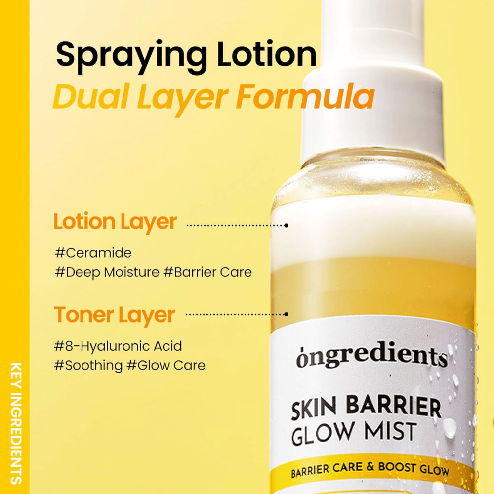 Ongredients Skin Barrier Glow Mist dvoslojno pršilo za obraz s hialuronsko kislino in ceramidi, ki zagotavlja globinsko vlaženje in ščiti kožno bariero.