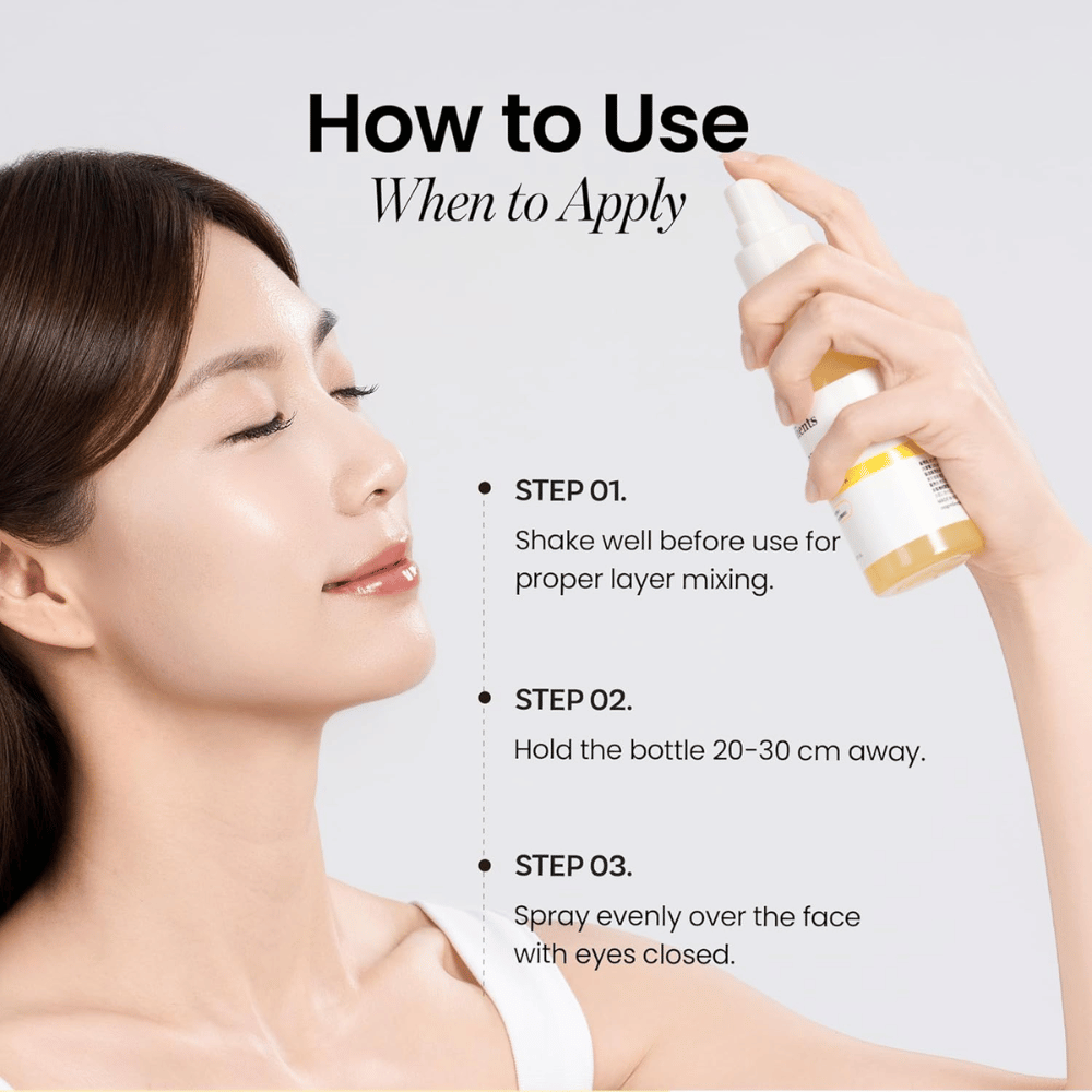 Ongredients Skin Barrier Glow Mist uporablja se kot pršilo za obraz 20–30 cm od kože za hitro vlaženje, sijaj in osvežitev čez dan.