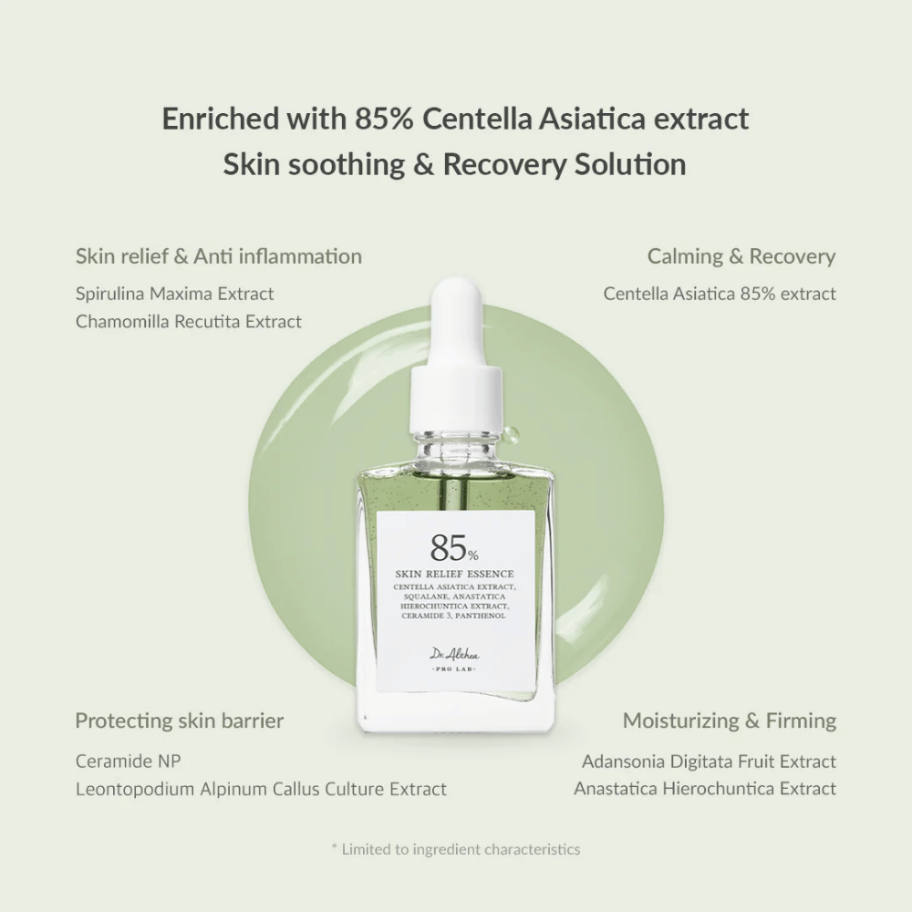 Dr. Althea Skin Relief Essence je obogaten z 85 % izvlečka Centella Asiatica in ponuja pomirjujočo in obnovitveno nego. Vsebuje protivnetne sestavine, kot sta spirulina in kamilica, ceramide za krepitev kožne pregrade ter vlažilne izvlečke iz baobaba in anastatike. Popolno za občutljivo, rdečo in stresno kožo.