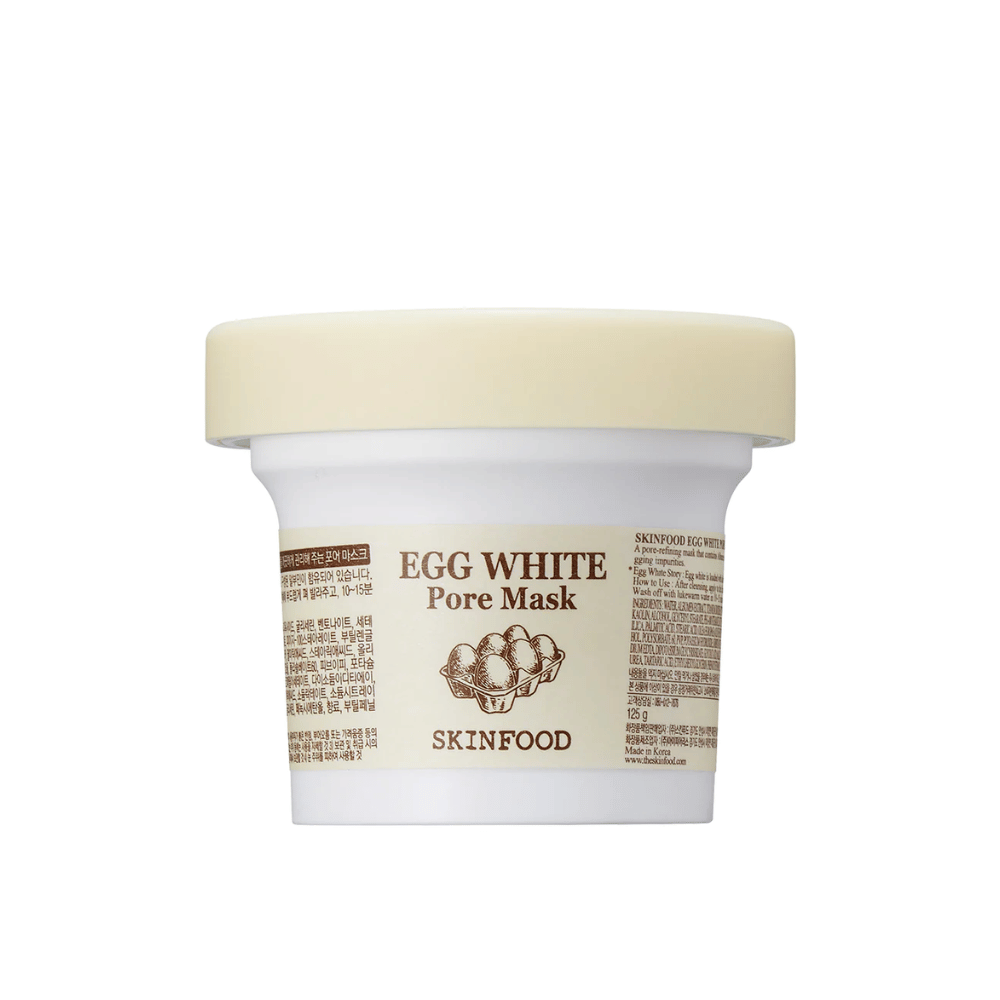 EN SKINFOOD Egg White Pore Mask 120g na beli podlagi, zasnovana za čiščenje por in izboljšanje kože.