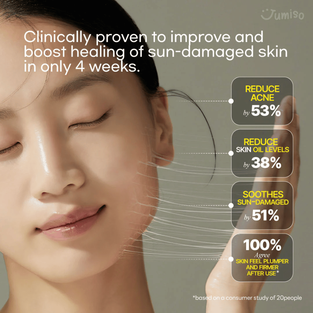 Nasmejana ženska z gladko in sijočo kožo ponazarja učinke Jumiso Snail Mucin 95 + Peptide. Klinično dokazano izboljšanje sončne poškodbe kože v 4 tednih.
