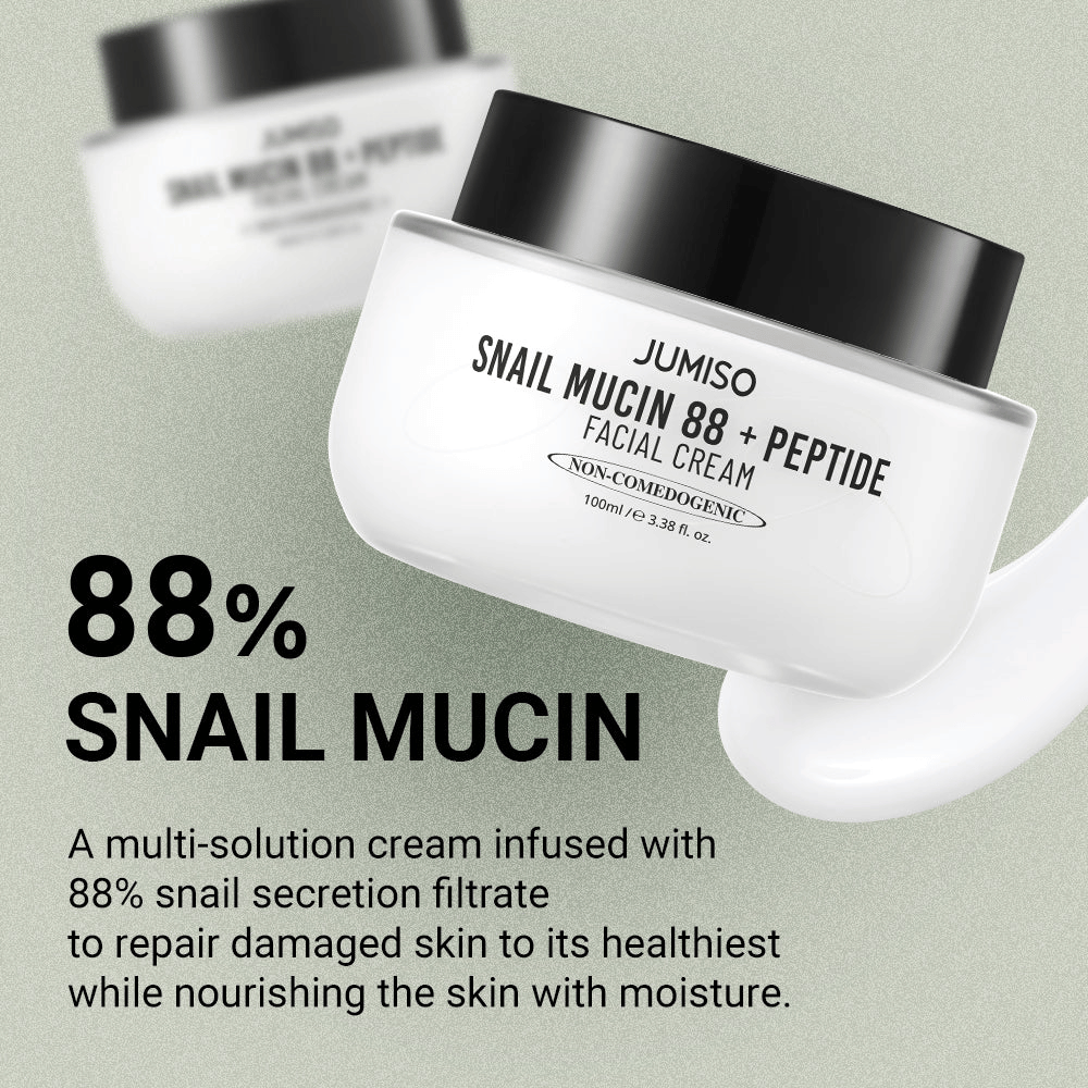 JUMISO Snail Mucin 88 + Peptide Facial Cream z 88 % filtrata polžjega sekreta, zasnovana za obnovo poškodovane kože in globinsko vlaženje. Besedilo na sliki opisuje njene obnovitvene in vlažilne lastnosti.