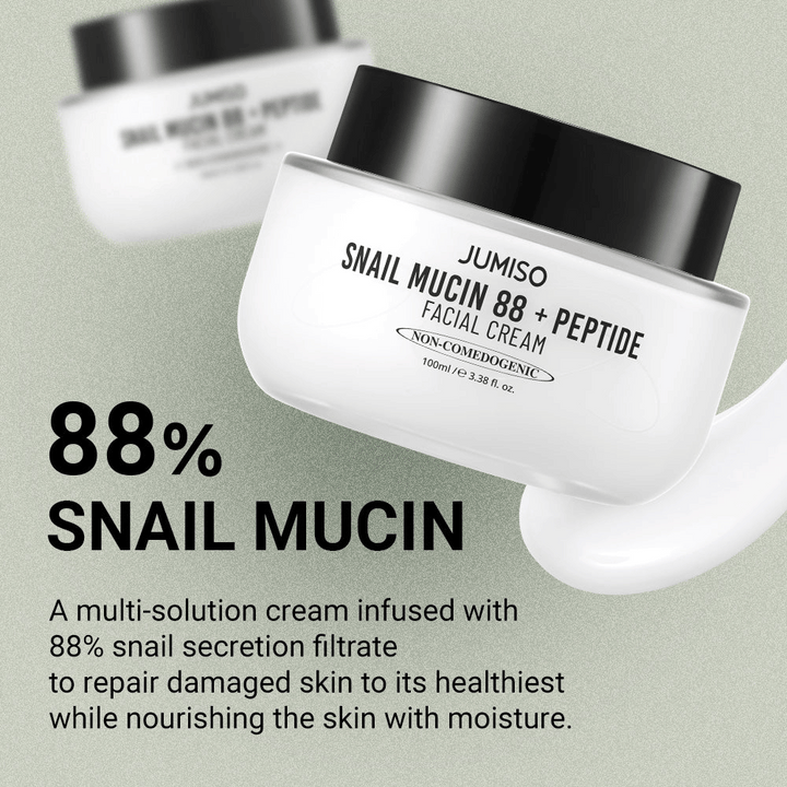 JUMISO Snail Mucin 88 + Peptide Facial Cream z 88 % filtrata polžjega sekreta, zasnovana za obnovo poškodovane kože in globinsko vlaženje. Besedilo na sliki opisuje njene obnovitvene in vlažilne lastnosti.